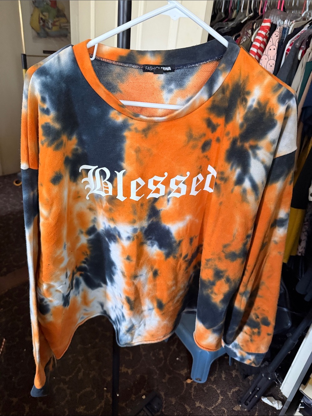 Fashion Nova Orange, Black & White Tie-Dye "Blessed" Sweatshirt